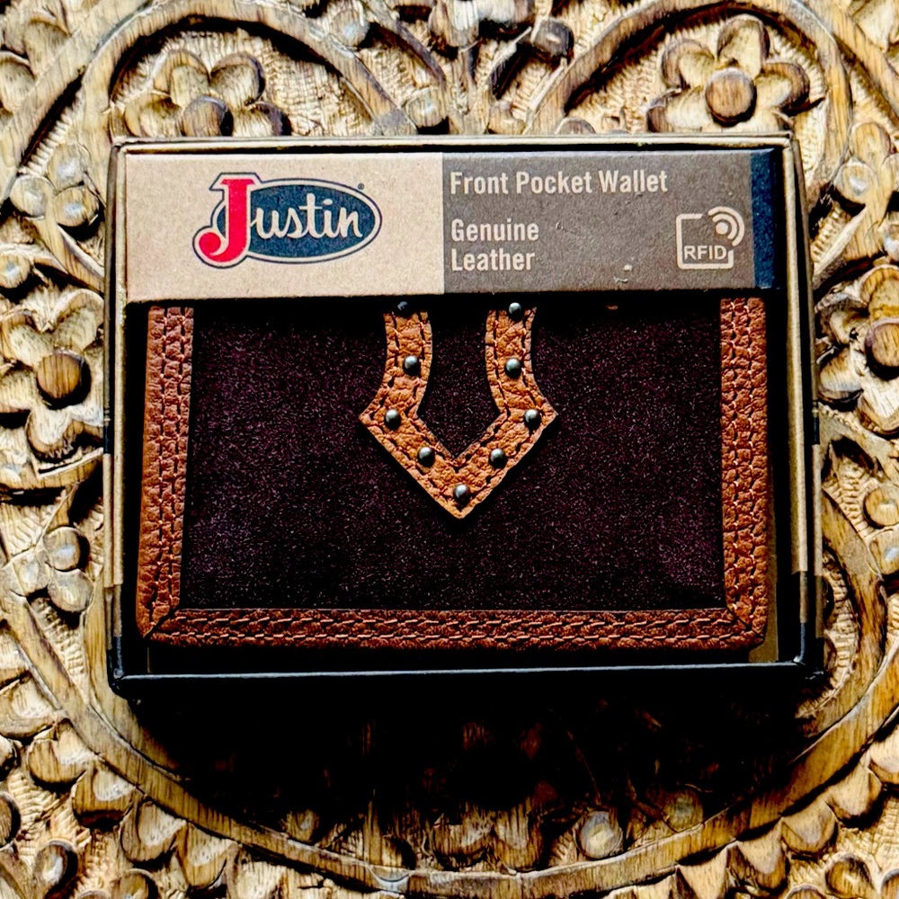 Justin Genuine Suede Leather Front Pocket Wallet – Western Studded Design